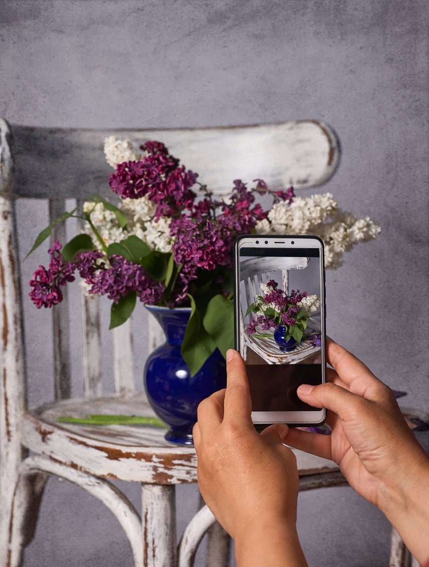 instagram photographer, blogging workshop concept. hand holding phone and taking photo of stylish flower